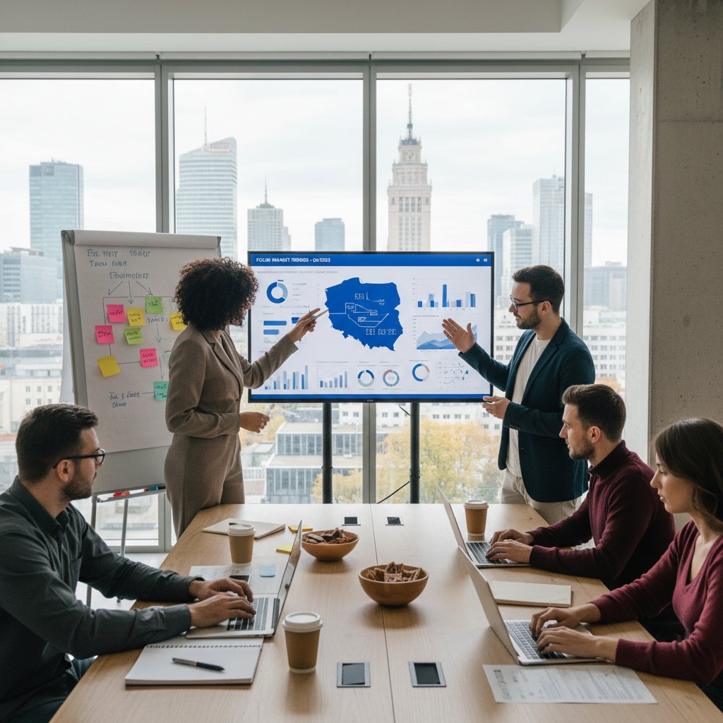 Zespół analizujący trendy marketingowe na ekranie, zmiany na polskim rynku