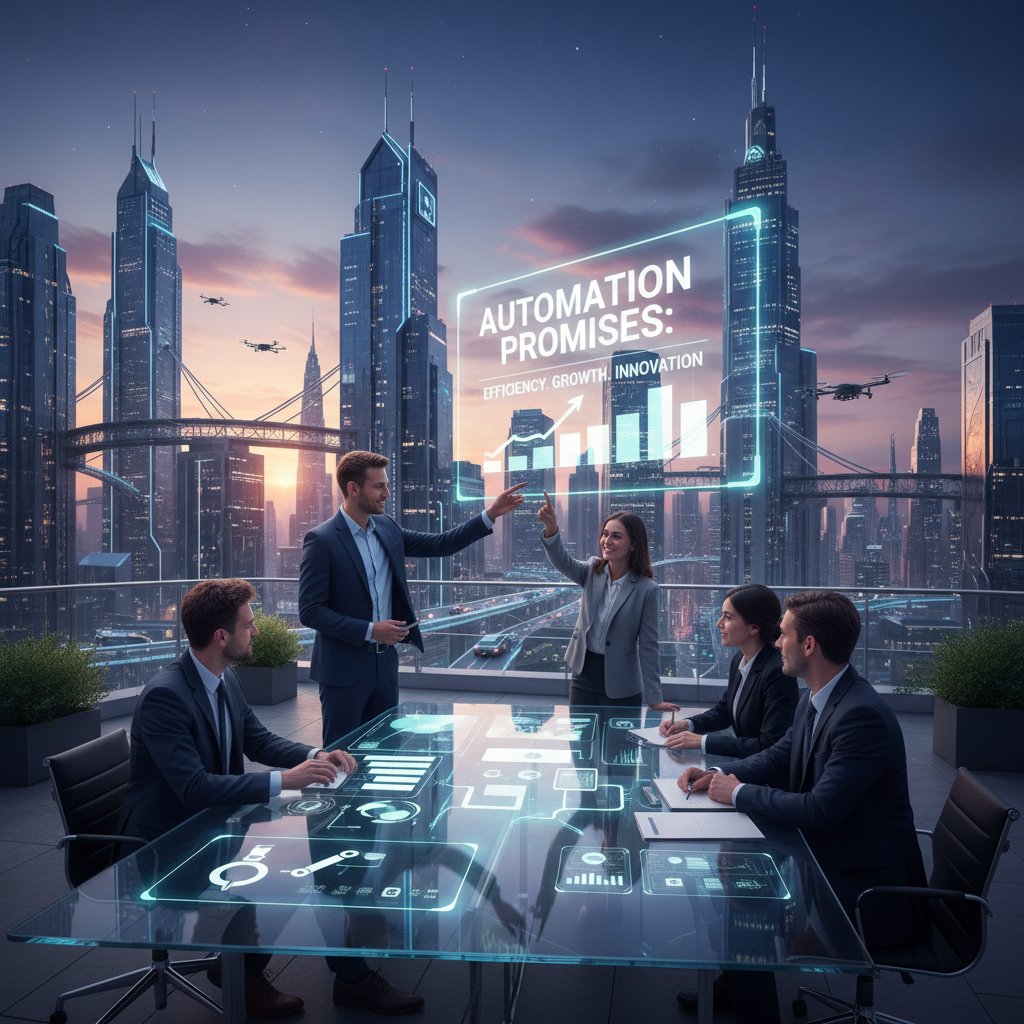 Zespół marketingowy analizujący obietnice automatyzacji na tle cityscape