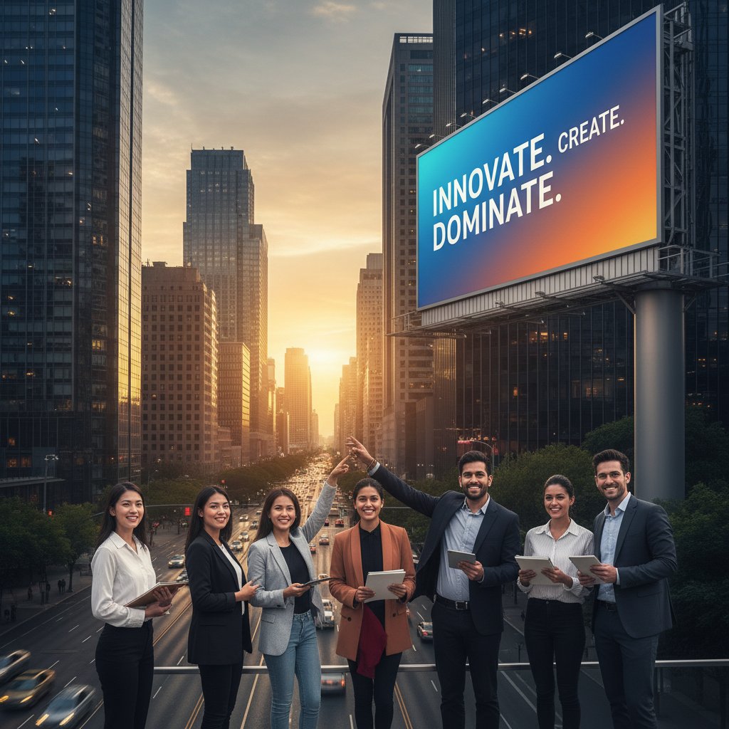 Zespół marketingowy analizuje billboard z wyraźnym, krótkim hasłem reklamowym