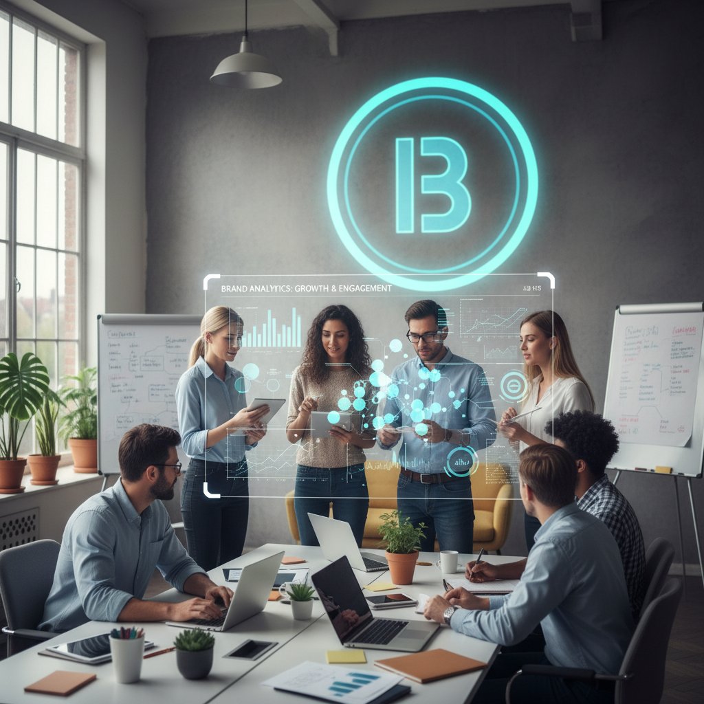 Spotkanie zespołu marketingowego analizującego dane o rozpoznawalności marki na tle wykresów