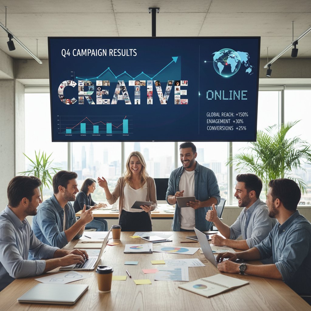 Zdjęcie zespołu analizującego wyniki kampanii marketingowej, efektywność kreatywności