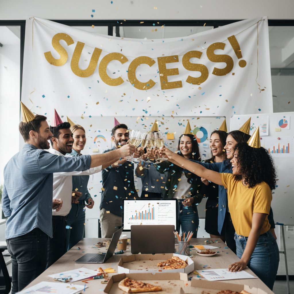Grupa marketerów świętująca sukces nowej kampanii reklamowej