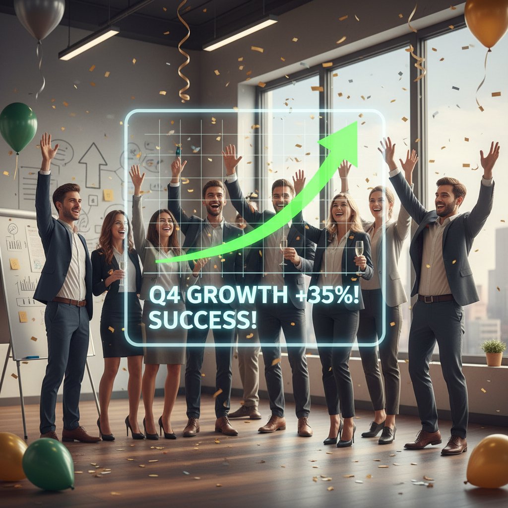 Zespół analizuje sukces kampanii personalizowanej – wybuch radości, wzrost na wykresie