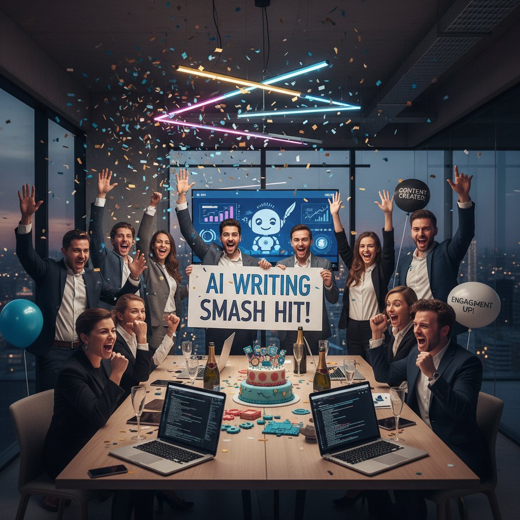 Zespół marketingowy świętujący wzrost wyników po wdrożeniu AI do pisania