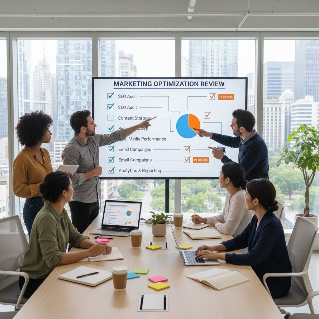 Zespół marketingowy podczas przeglądu checklisty optymalizacji, nowoczesne biuro, dynamiczna dyskusja