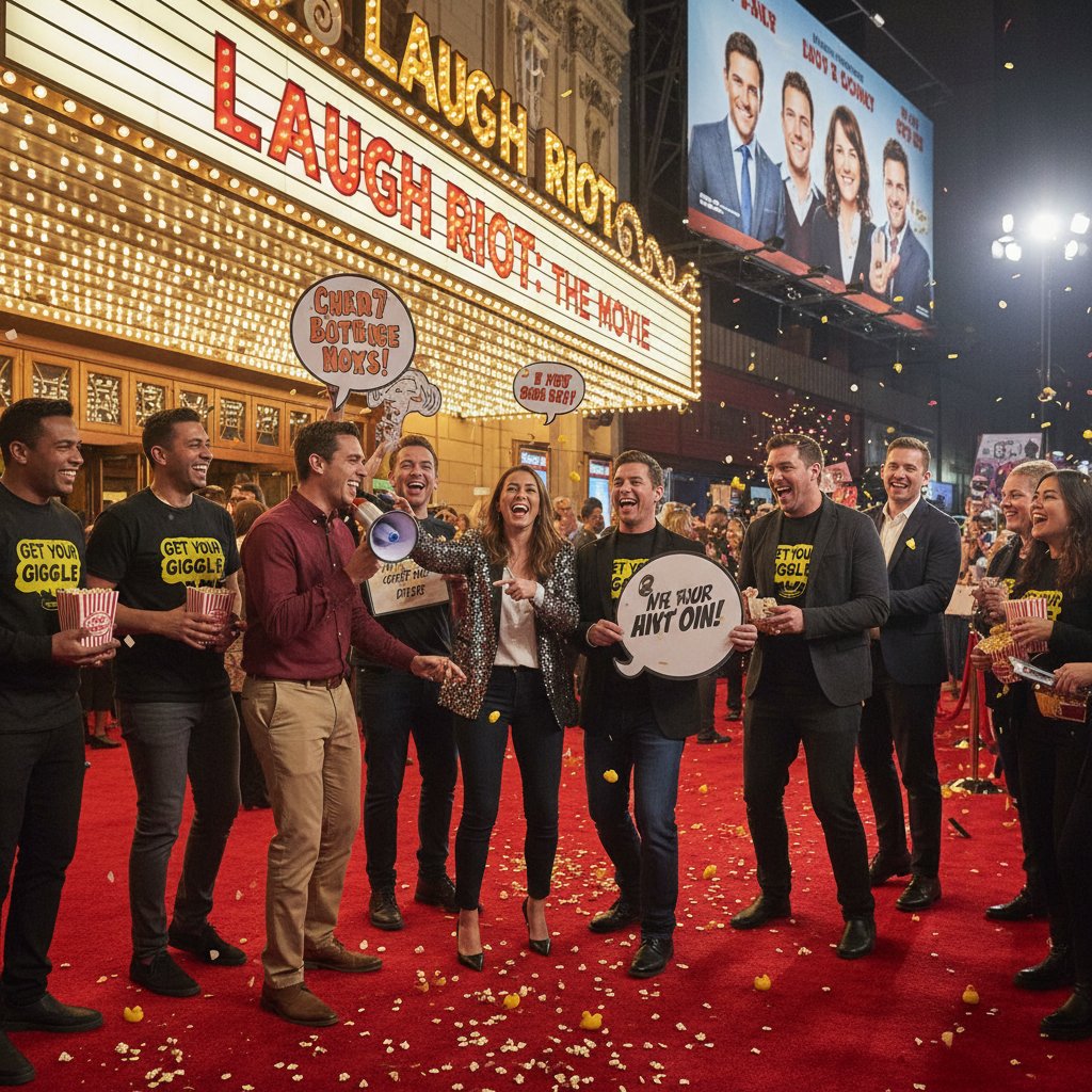 Marketing crew scrambling backstage before a comedy premiere event, capturing the frantic pace of modern premiere night marketing in comedy cinema