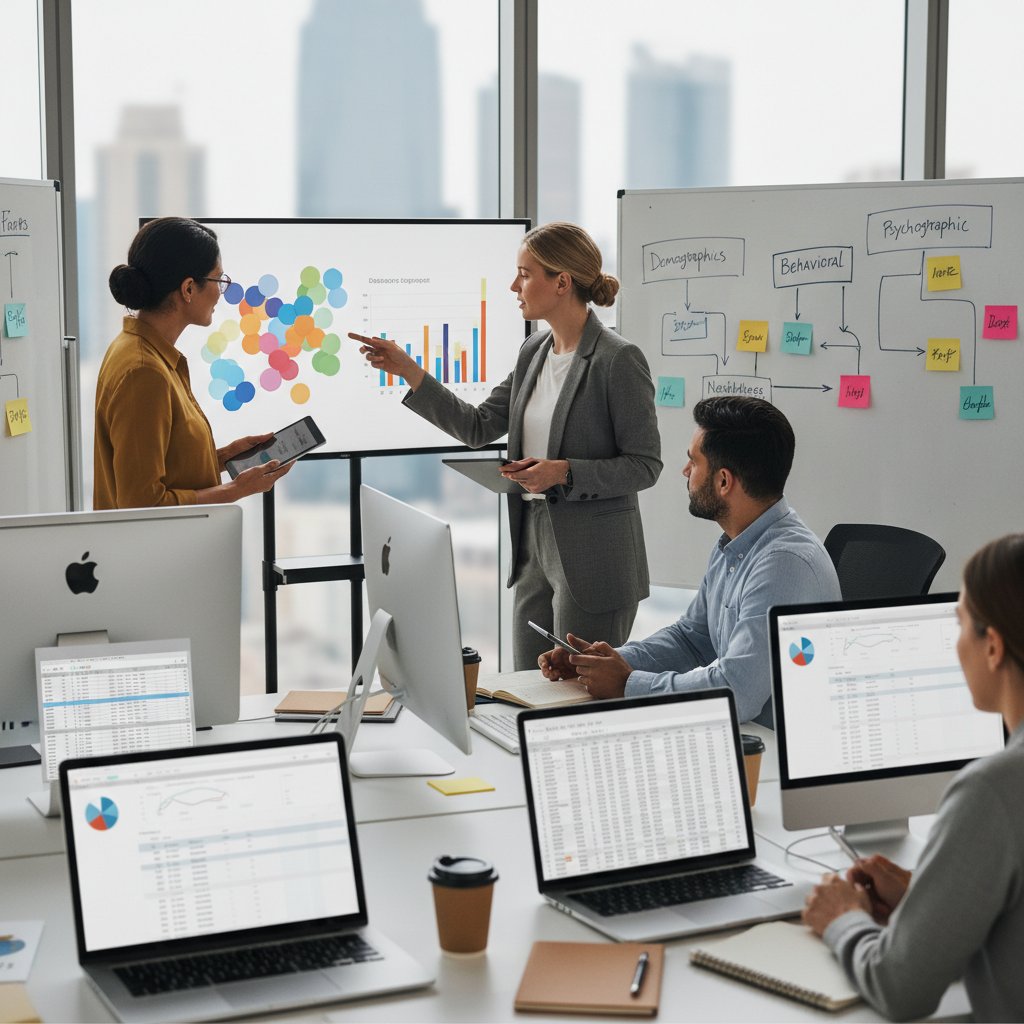 Zespół marketerów analizujący dane segmentacyjne i zachowania klientów, biuro, flipchart