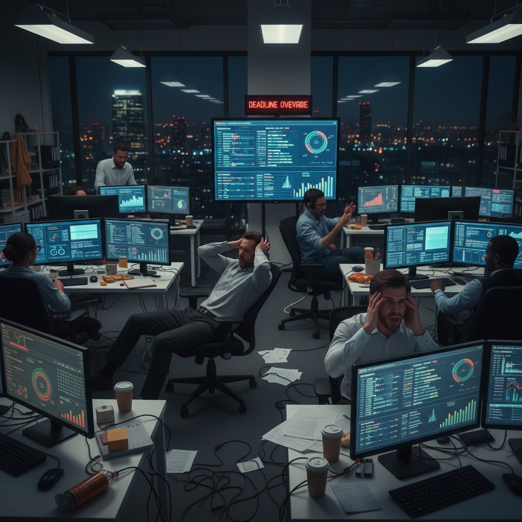 Zespół marketingowy analizujący dane kampanii przy dużym ekranie, noc w biurze, presja i chaos