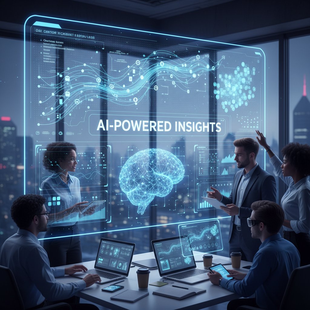 Zespół marketingowy omawiający wizualizacje danych generowane przez AI