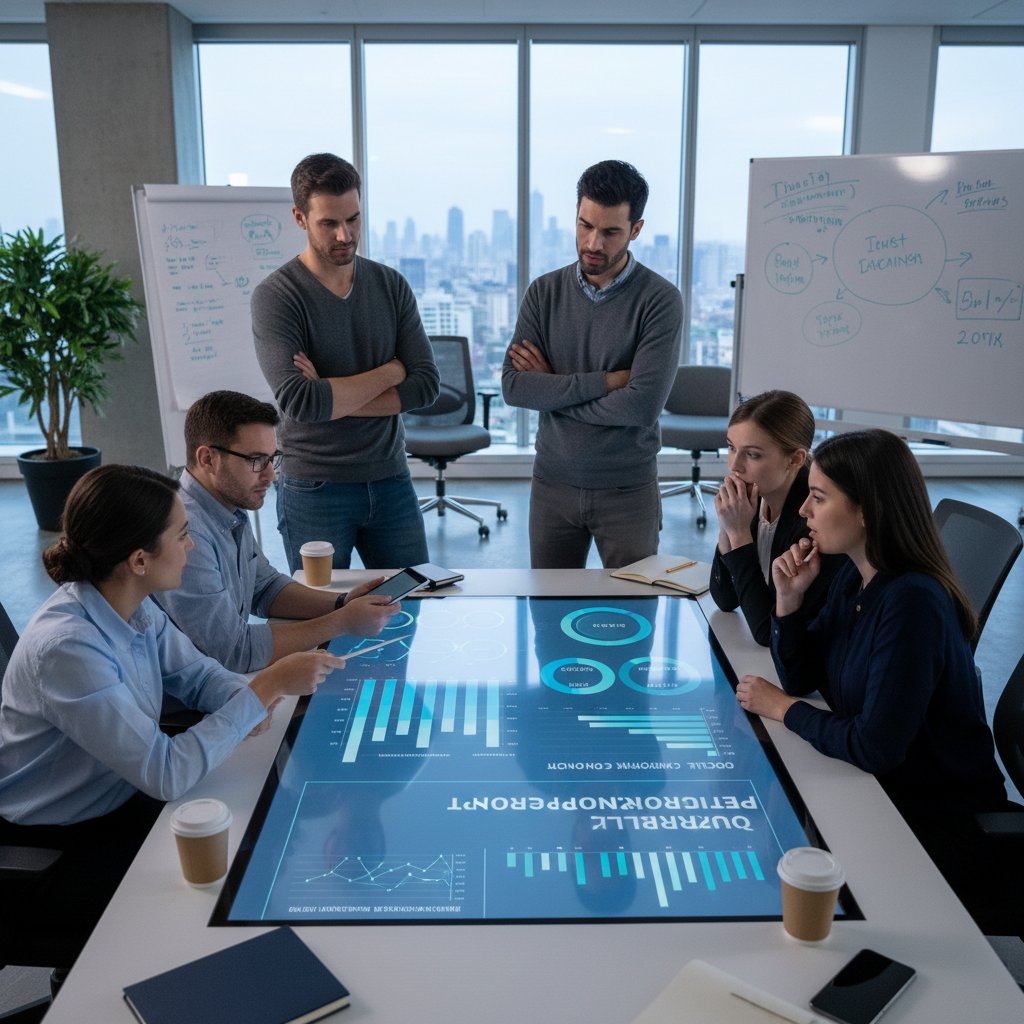 Zespół omawiający wyniki raportu z kampanii mailingowej