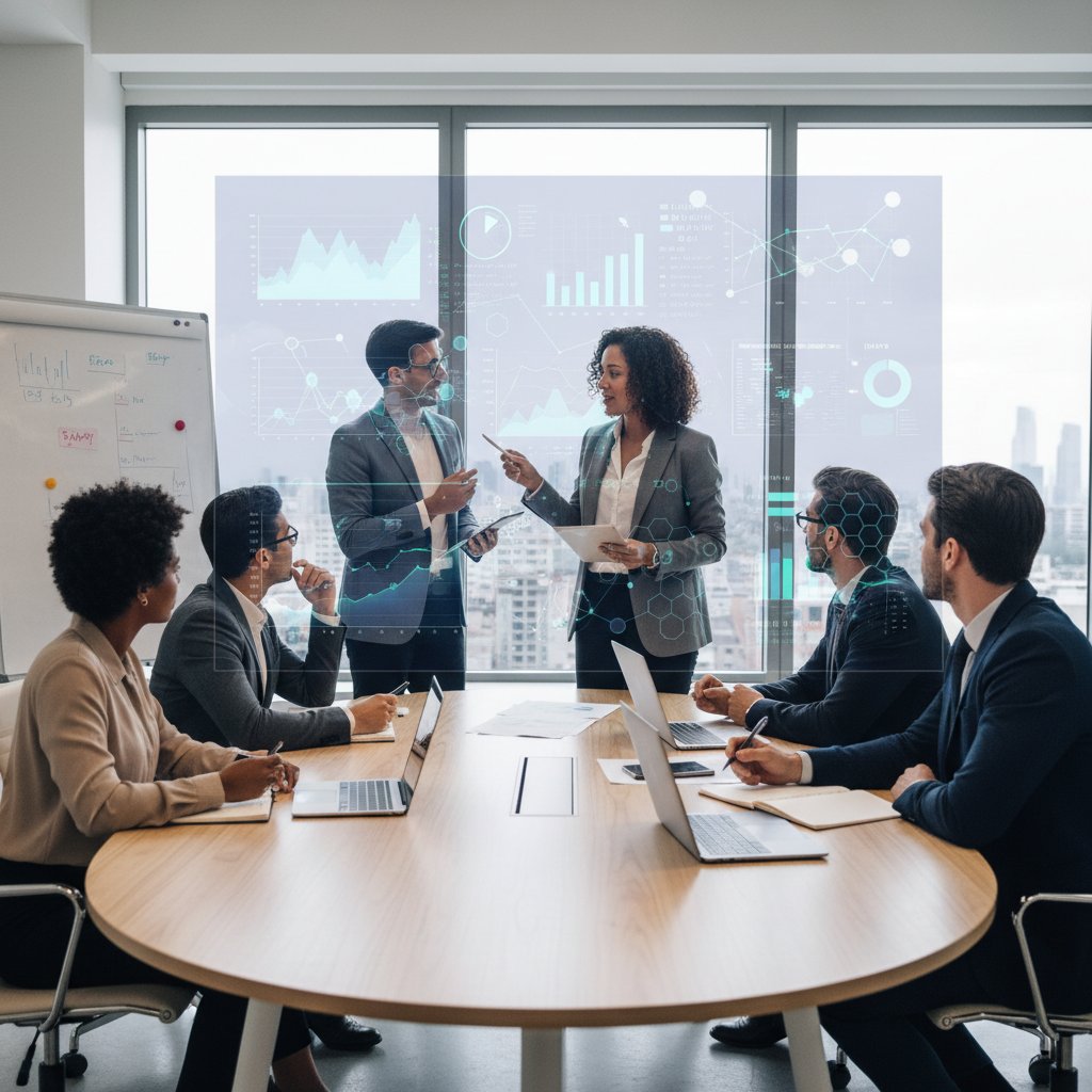 Zespół marketingowy omawiający wyniki analizy AI przed tablicą brainstormingową