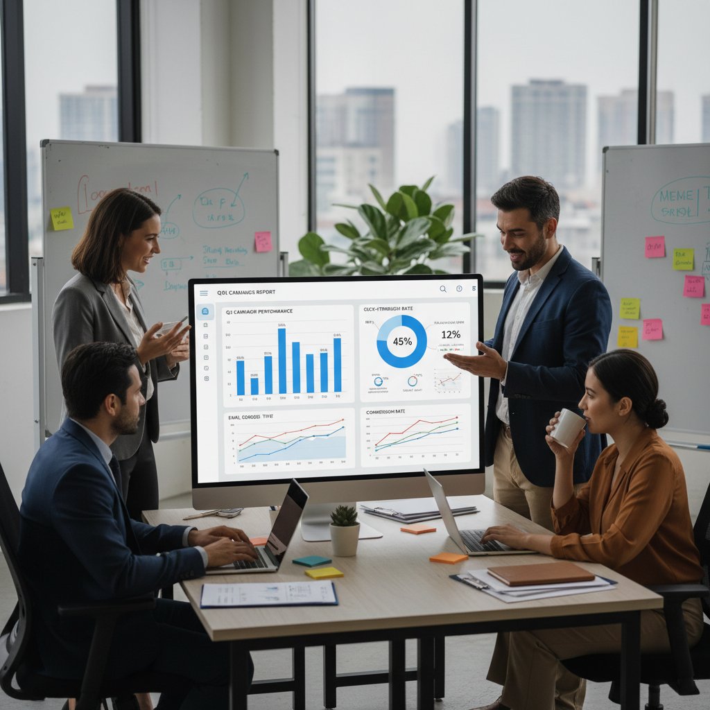 Zespół marketerów analizujący statystyki automatyzacji emaili