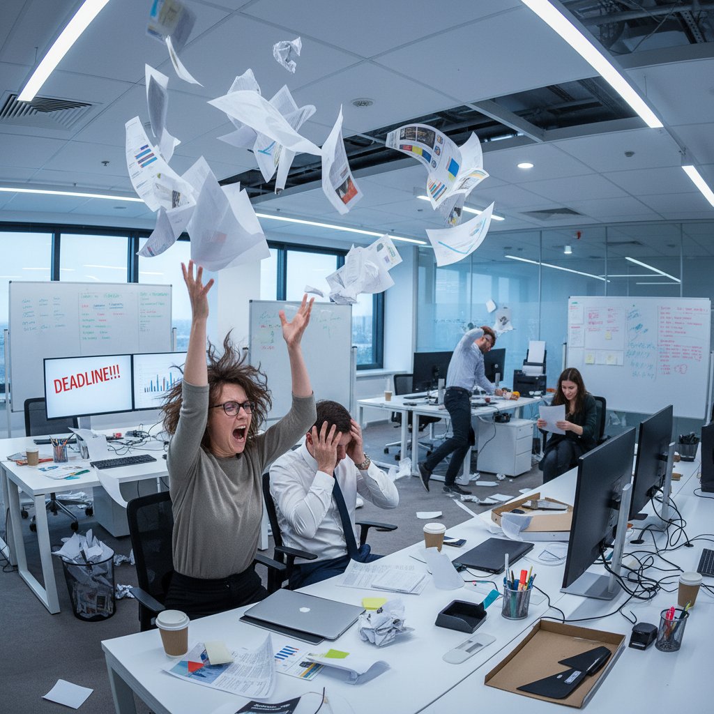 Zespół marketingowy podczas burzliwej narady, papiery na stole, oznaki frustracji, słowa kluczowe: koszty konsultacji marketingowych, tradycyjne usługi