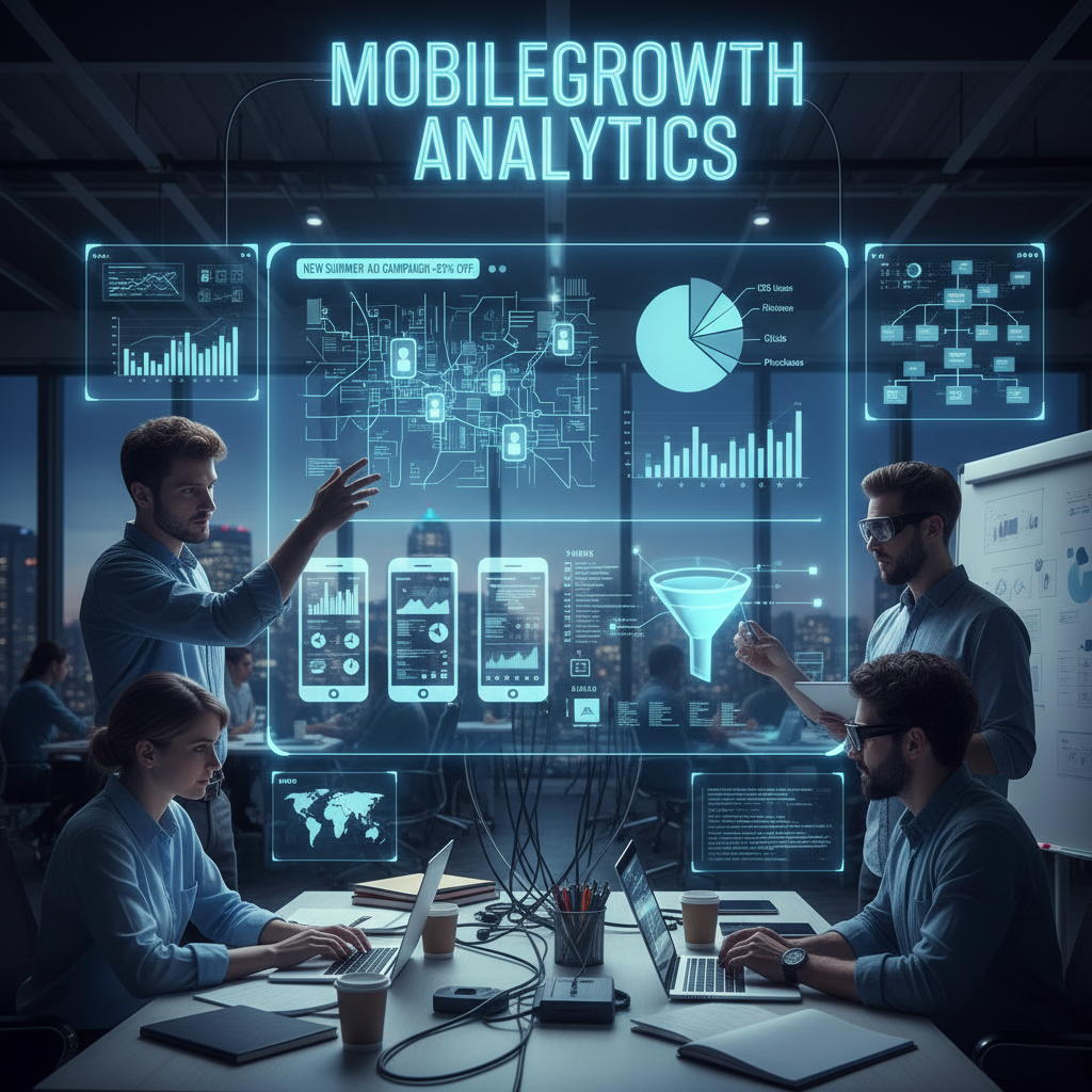 Zespół marketerów analizujących dane z kampanii mobilnej, kreatywność w praktyce