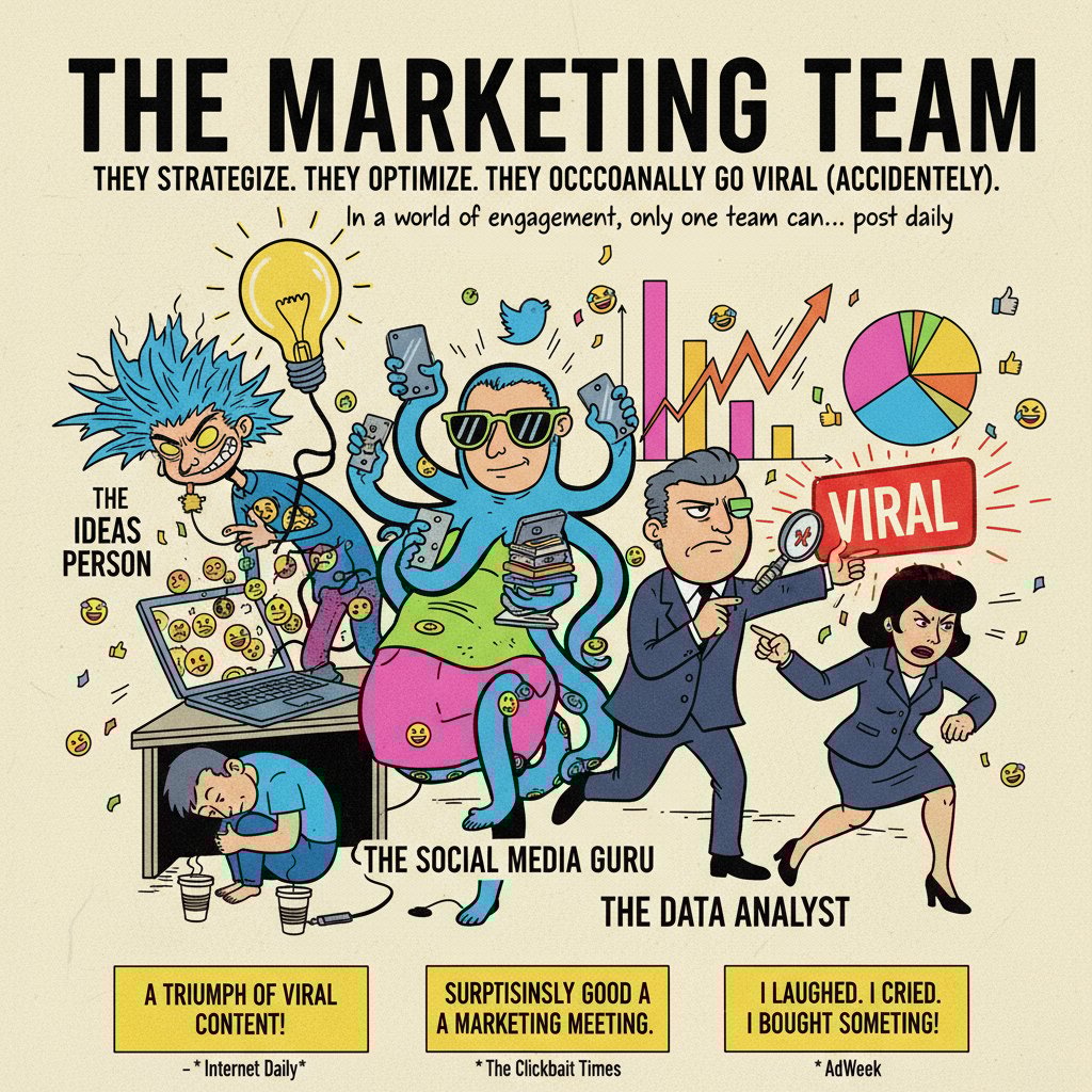 Photo of a creative marketing team brainstorming with movie posters and meme boards, signifying self-aware humor’s cultural reach