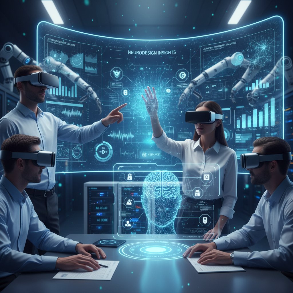Zespół marketingowy analizuje dane neurodesign, ekrany z wykresami, VR i AI w tle