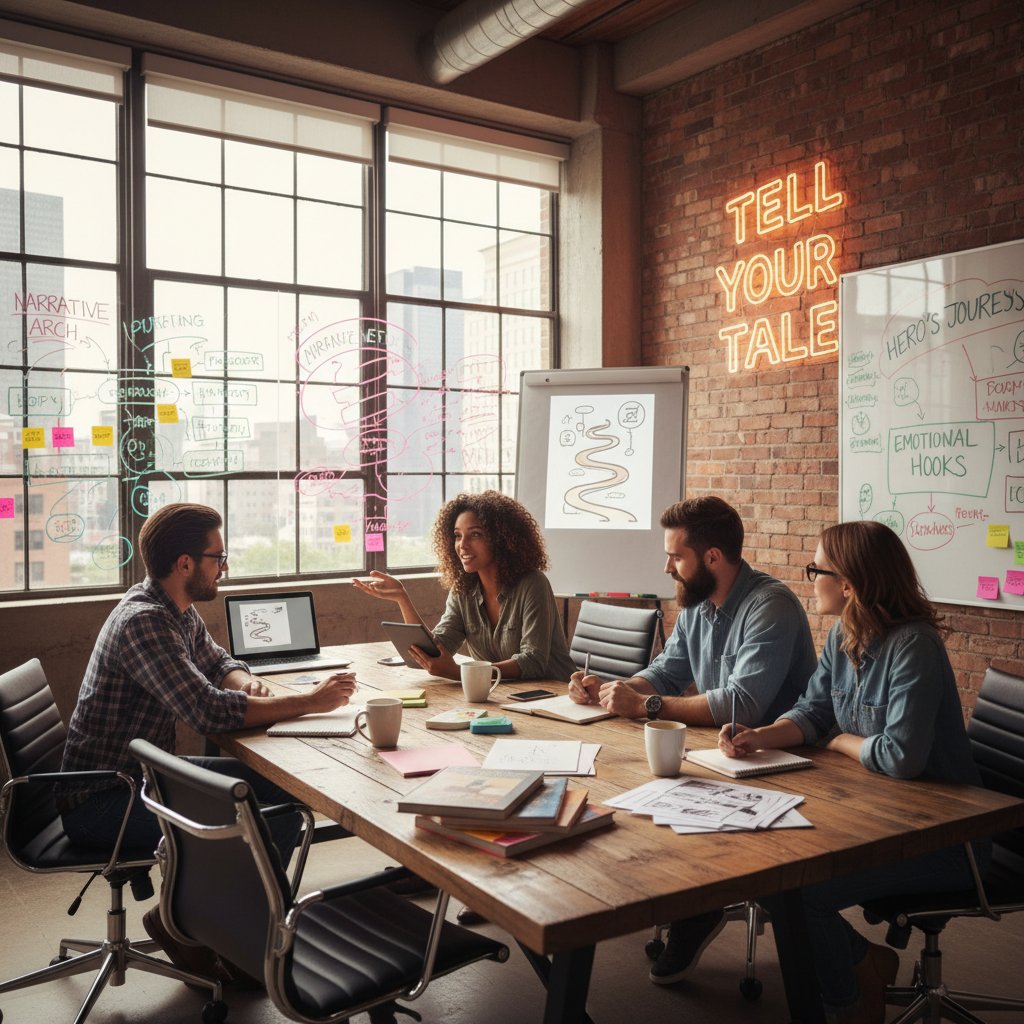 Ilustracja: zespół marketingowy podczas wspólnego opowiadania historii na spotkaniu kreatywnym