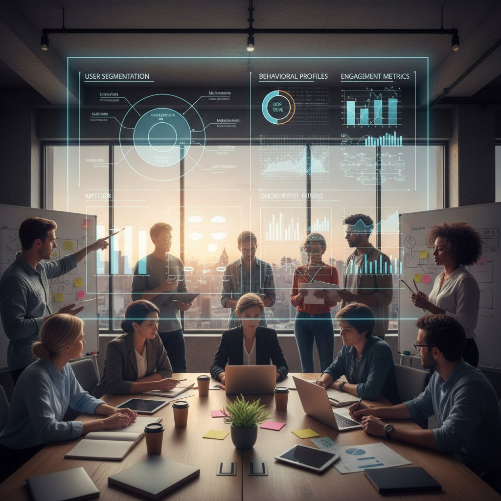 Zespół analizuje segmenty użytkowników i dane na dużym ekranie