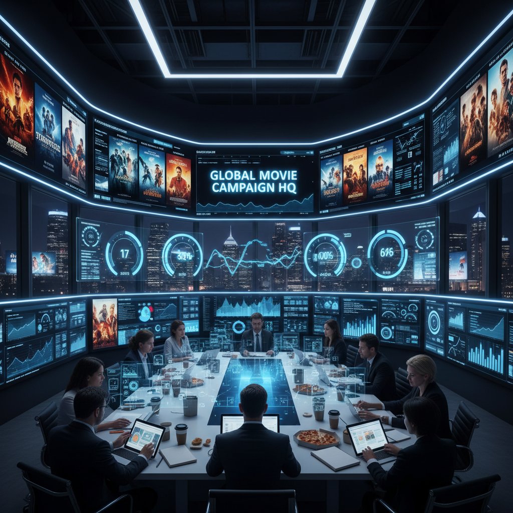 High-stakes marketing war room with execs and digital dashboards for advertising movies