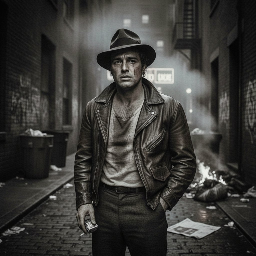 Classic method acting: Marlon Brando in a gritty scene, drenched in emotion, cinematic lighting