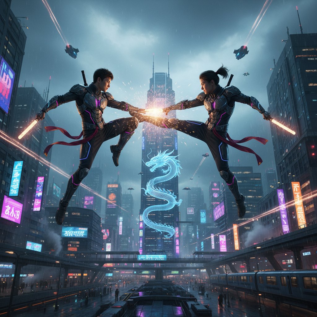 Martial artists in a high-tech cityscape, blending tradition and futurism, futuristic neon-lit action movie scene