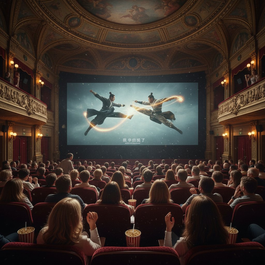 Diverse audience captivated by martial arts movie in theater, faces lit by cinematic glow