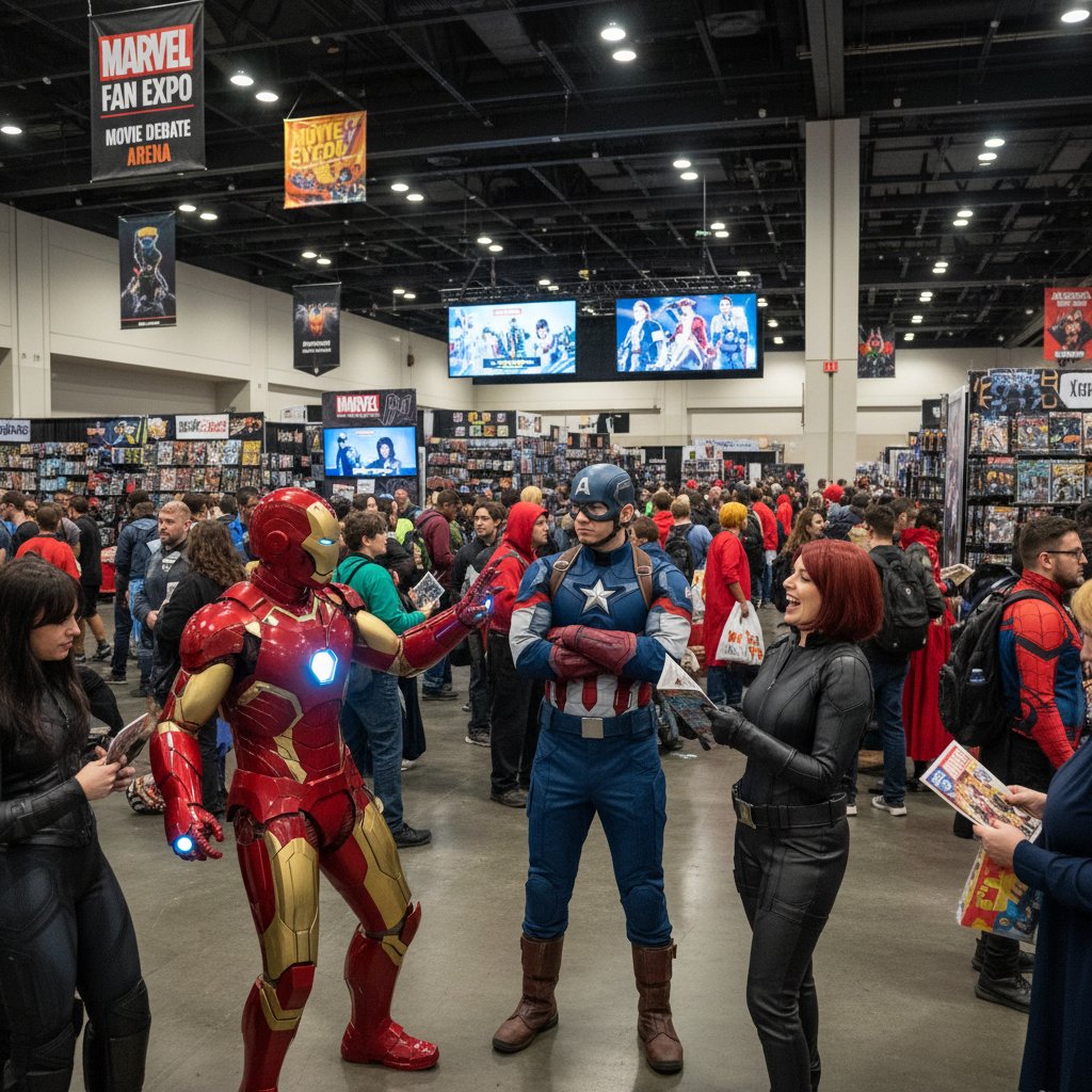 Marvel fans debating their favorite movies at a comic book convention