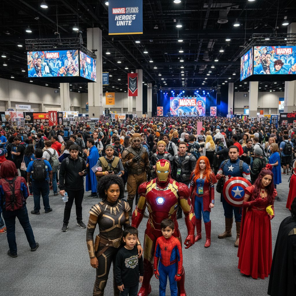 Marvel fans at a global convention, showing diverse ages, ethnicities, and elaborate costumes