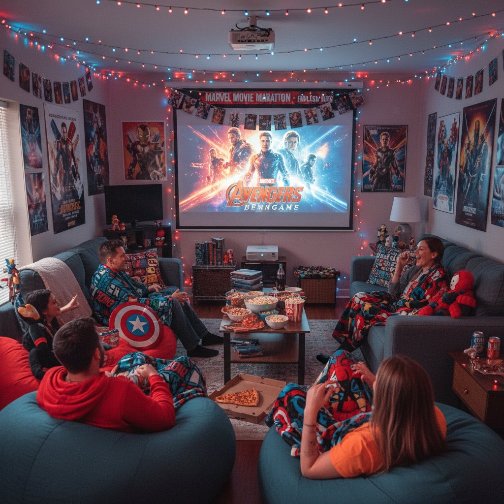 Group of friends gathered for a themed Marvel movie marathon night, snacks and decorations visible