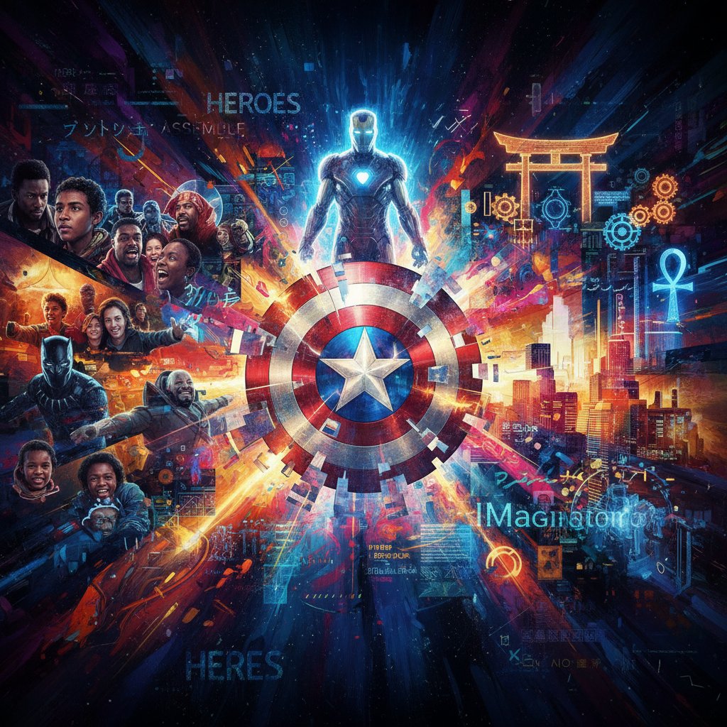 Montage of iconic Marvel movie scenes blending into abstract cinema imagery, symbolizing cultural impact