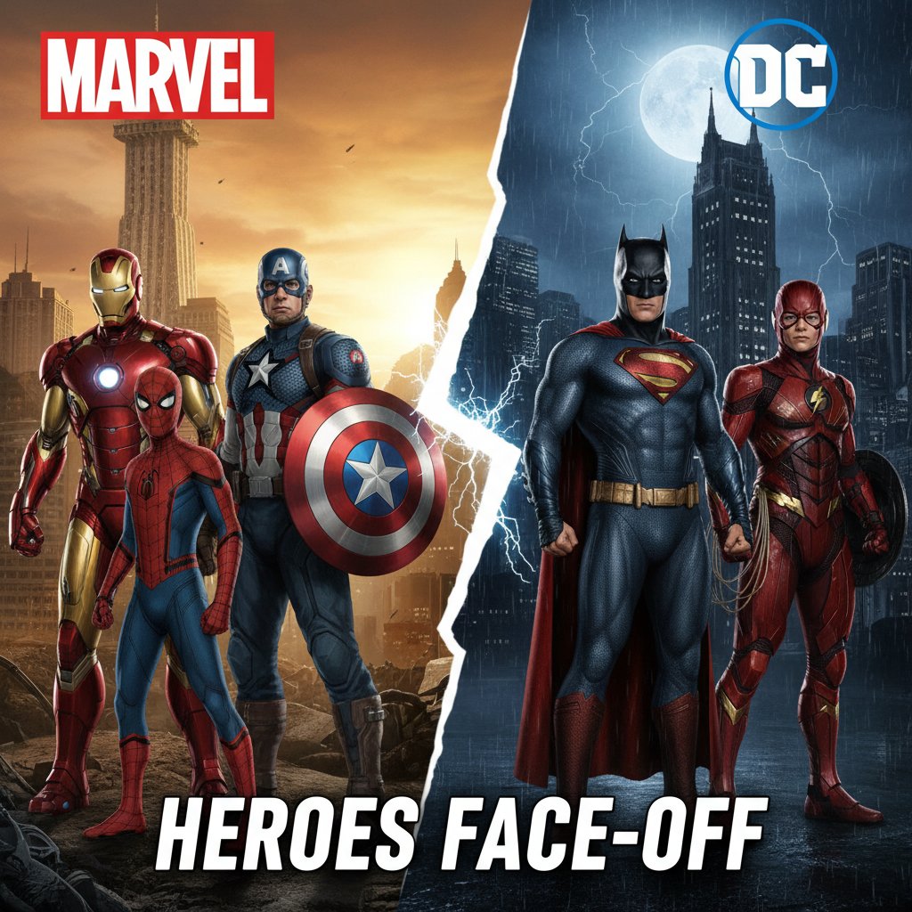 Marvel vs. DC face-off, artistic split-screen of iconic superheroes