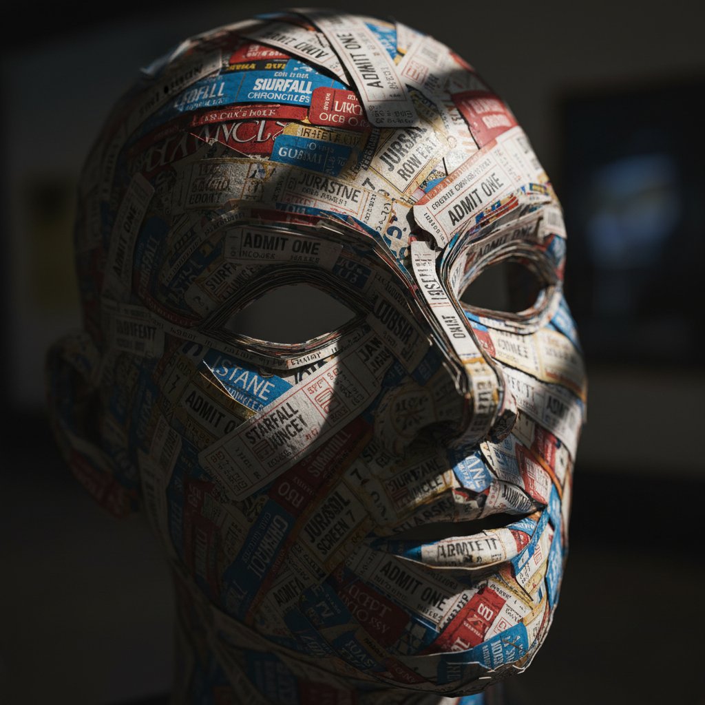 Dramatic, symbolic photo of a mask made of movie tickets with sharp shadows, evoking the ethical dilemmas in AI movie discovery