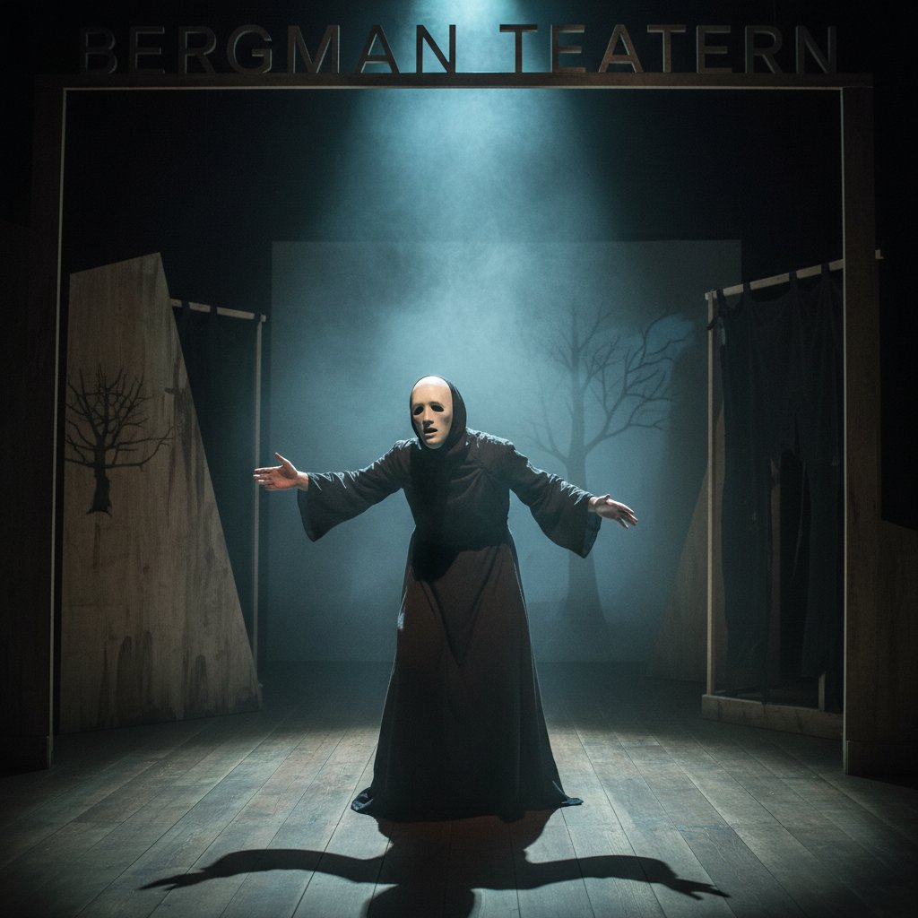 Masked actor on a dimly lit stage referencing Bergman's theatrical influence