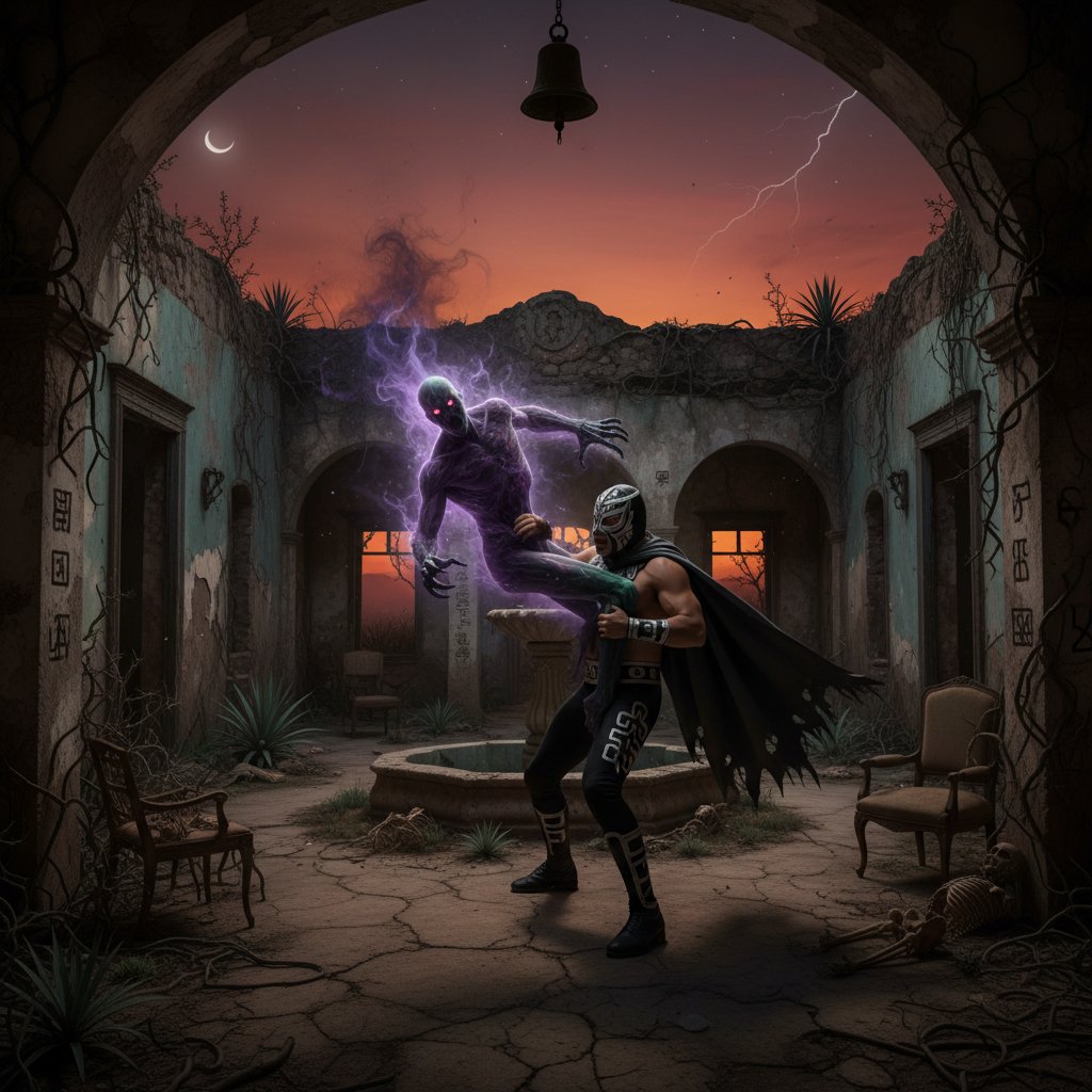 Masked luchador in an abandoned hacienda facing a supernatural entity, symbolizing Mexican horror and fantasy
