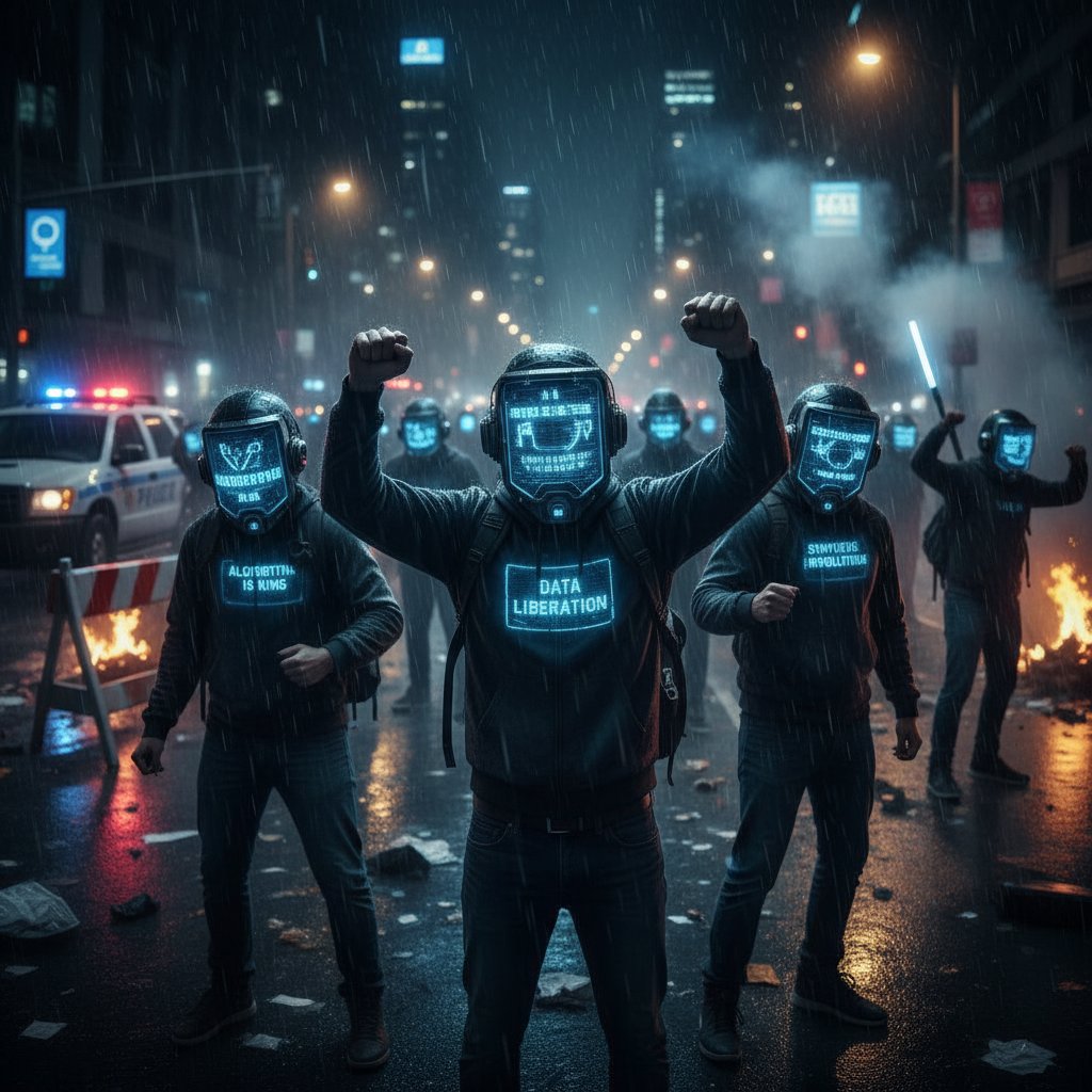 Protestujący z ekranami AI, miasto nocą, dramatyczna scena – AI i aktywizm, polityka, protesty