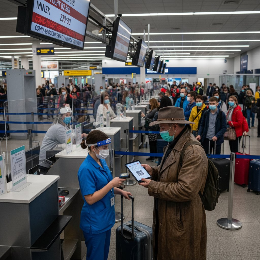 A masked traveler checks vaccination certificates at a crowded airport before a Minsk flight