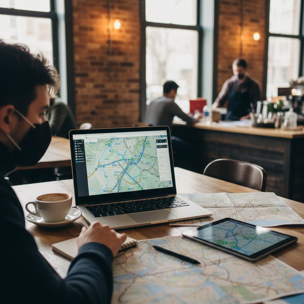 Editorial shot of a masked user at a cafe, laptop open, maps on screen. Alt: User bypassing geo-blocks to access movies legally and safely