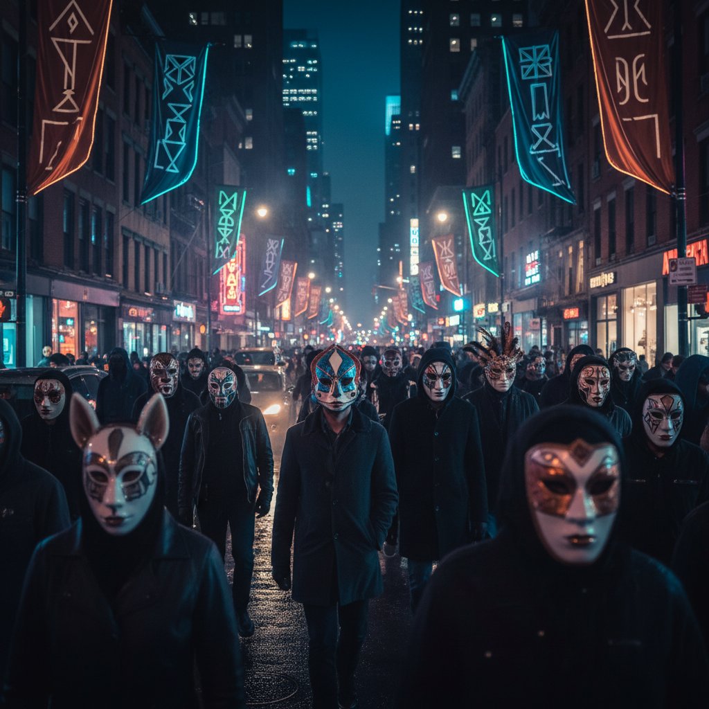 Symbolic photo of masks scattered on a city street at night, representing lost identities in movie identity movies