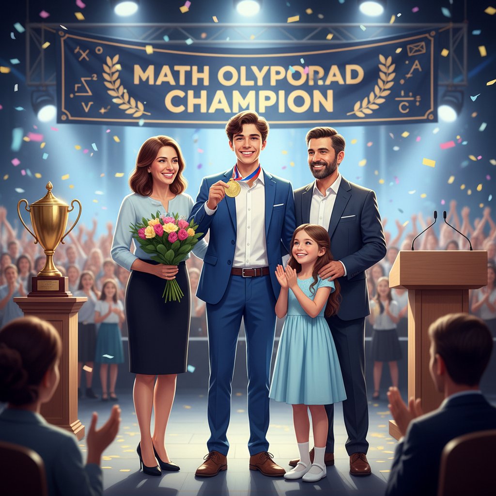 Uczeń zdobywający medal na olimpiadzie matematycznej, kibicująca rodzina, emocje zwycięstwa