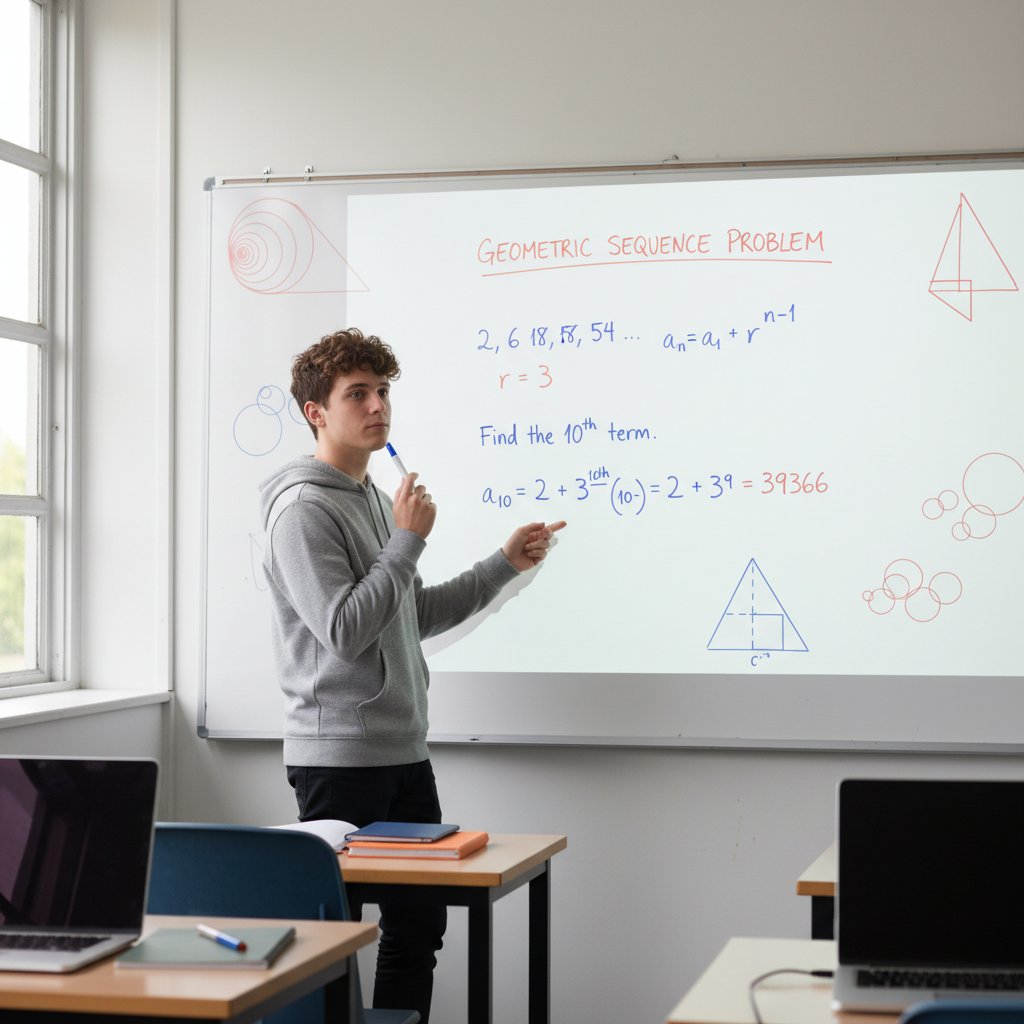 Przykładowe zadanie z ciągu geometrycznego rozwiązane na tablicy