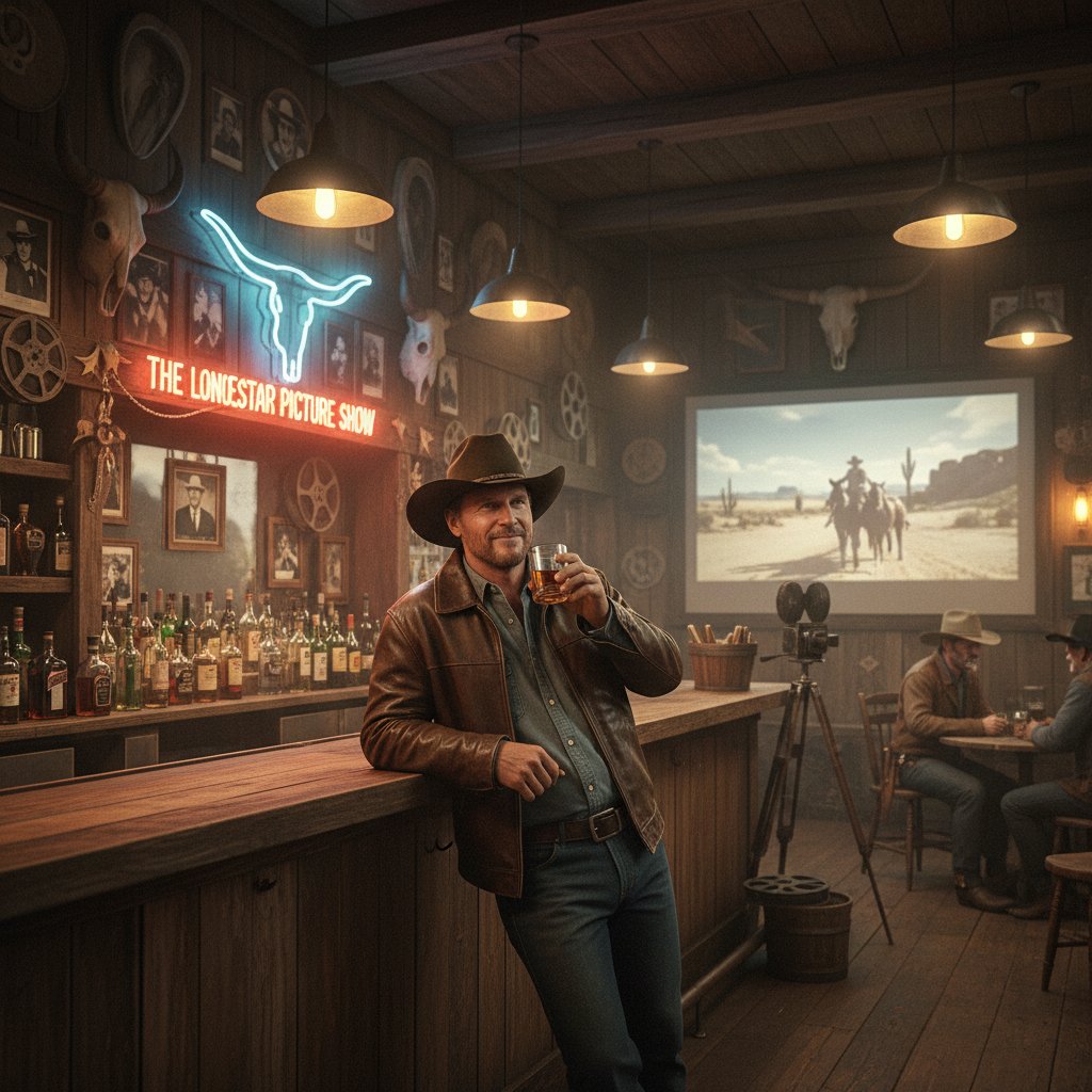 Matthew McConaughey in a moody neon-lit Texas bar scene, embodying American film culture