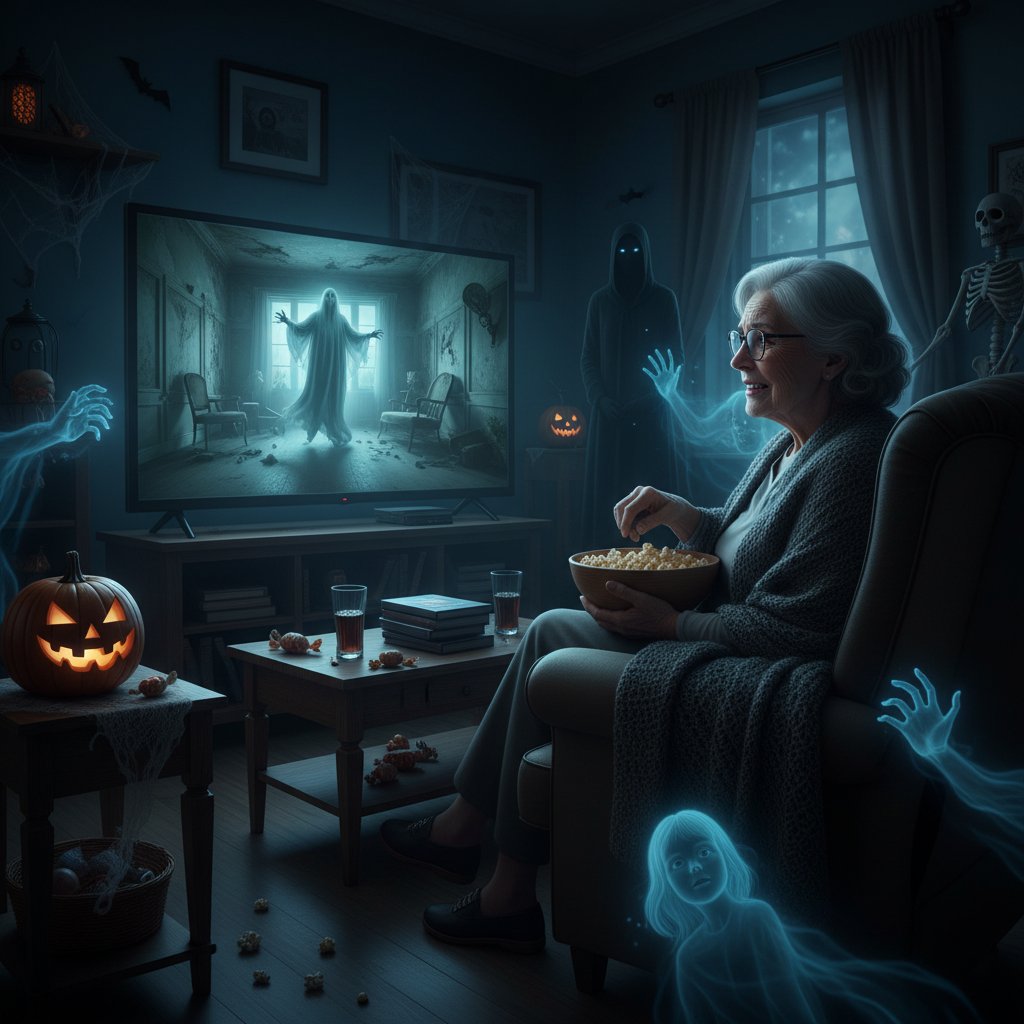 Mature audience watching a ghost movie alone at night