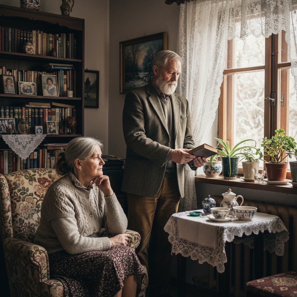 Kobieta i mężczyzna po 50-tce, zamyśleni w polskim domu, dyskusja o zdrowiu hormonalnym