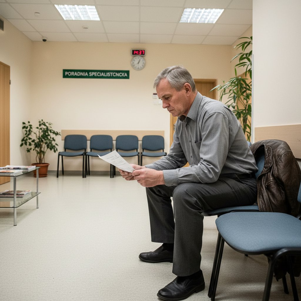 Zdenerwowany mężczyzna w poczekalni u lekarza na badanie prostaty