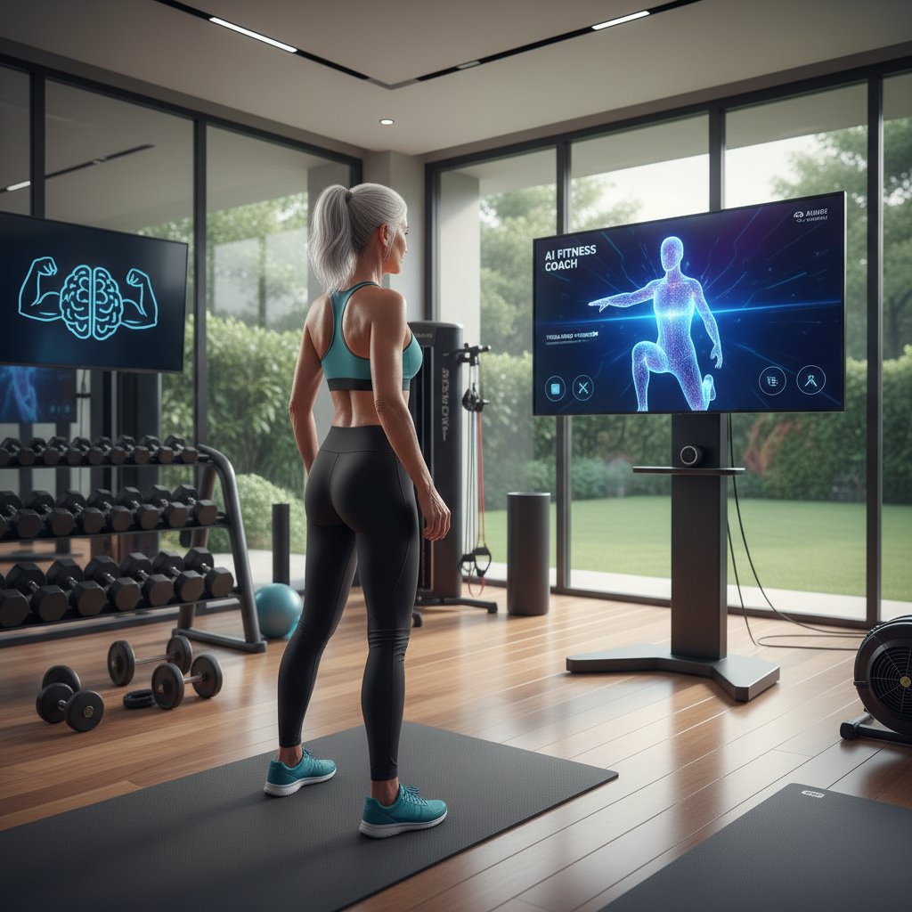 Kobieta korzystająca z AI do treningów online, fitness online menopauza