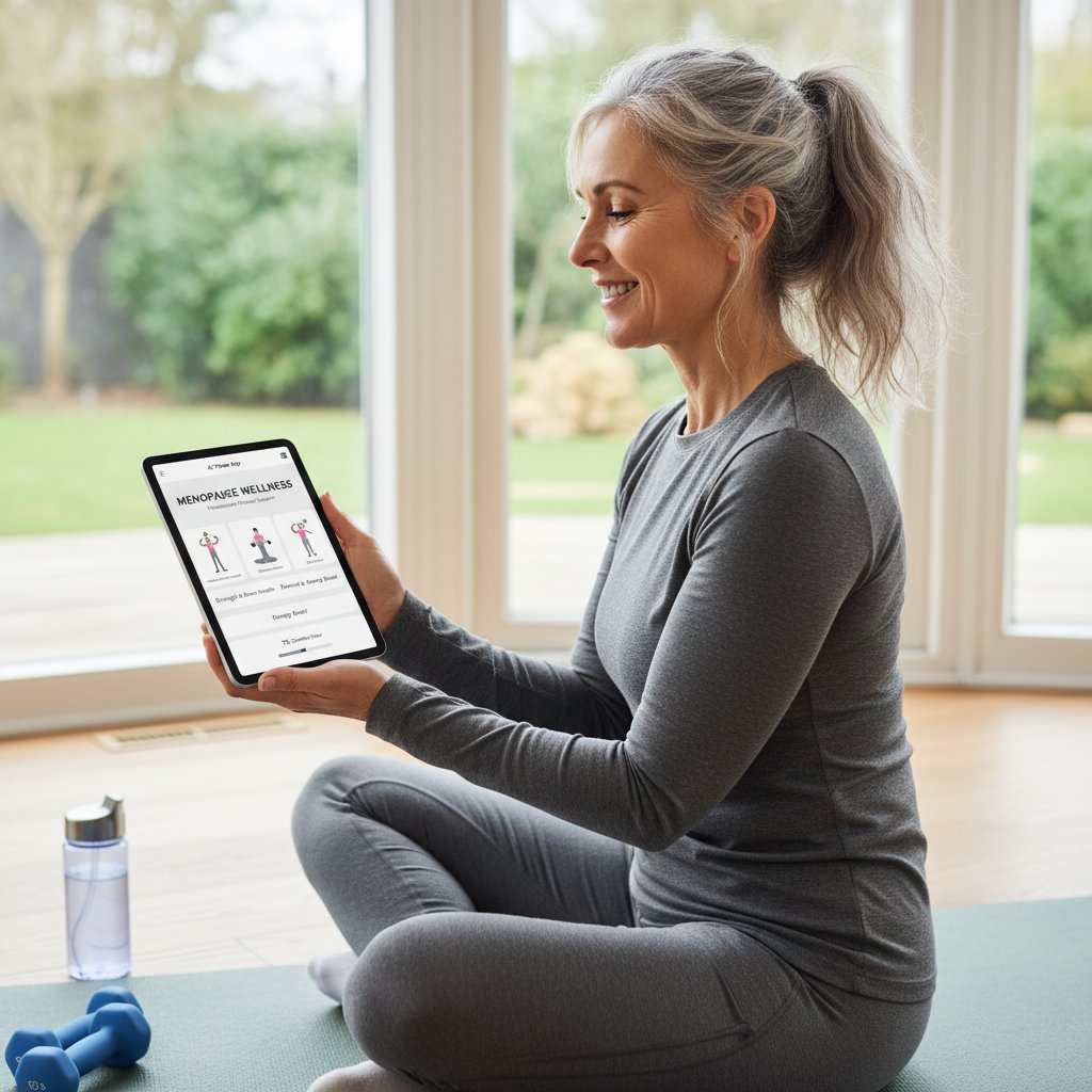 Dojrzała kobieta korzystająca z aplikacji trenera AI na tablecie, fitness po menopauzie, nowoczesne wsparcie