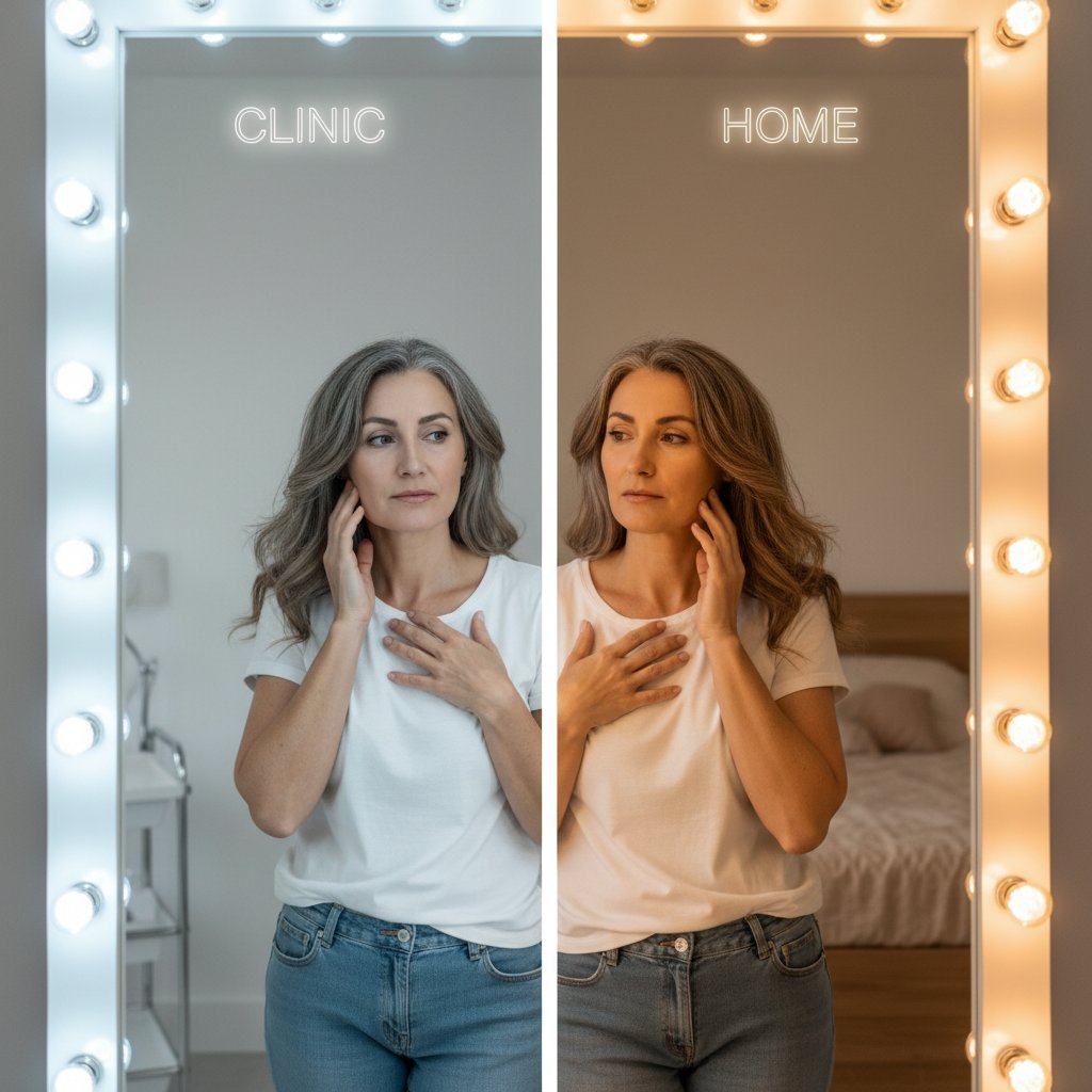 Doświadczona kobieta patrząca w lustro, połowa twarzy w zimnym świetle kliniki, druga w ciepłym świetle domowym, widoczne zmarszczki