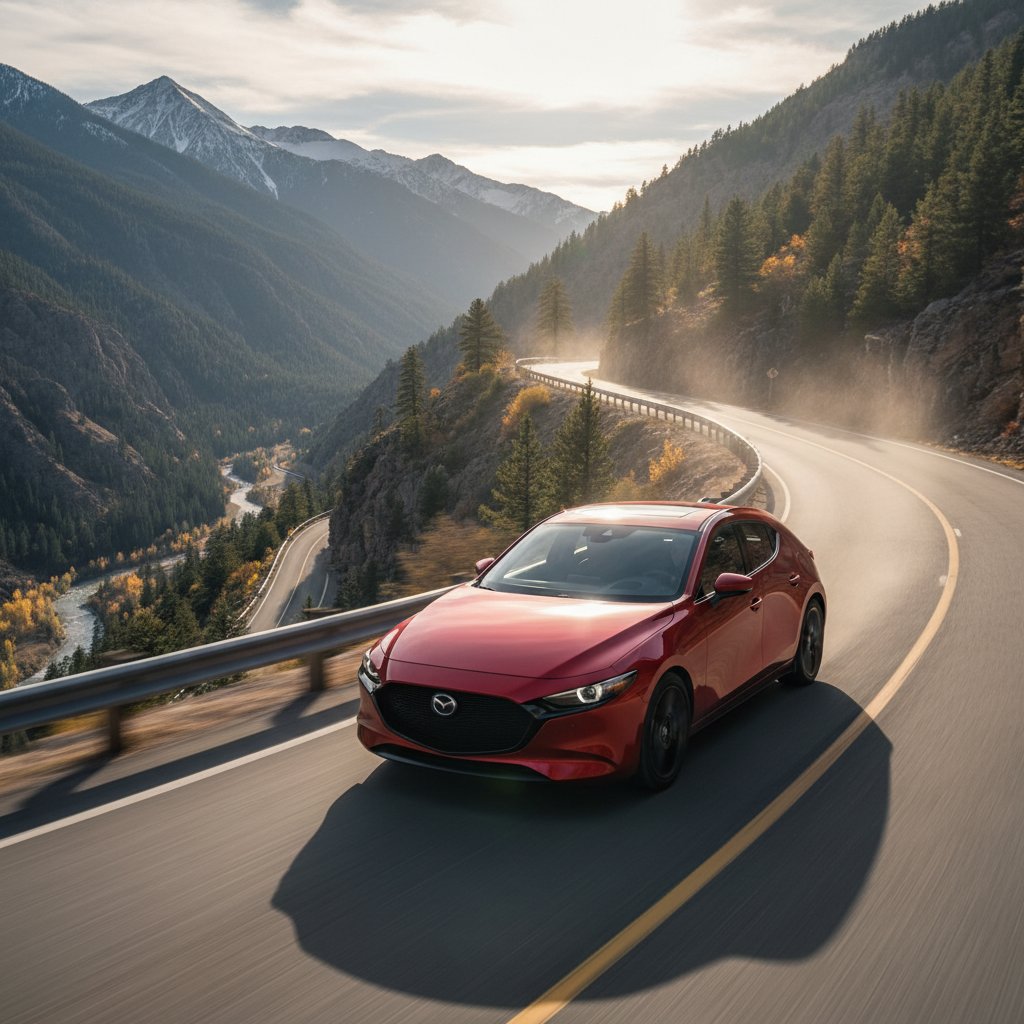 Mazda 3 showing sporty handling on winding mountain road
