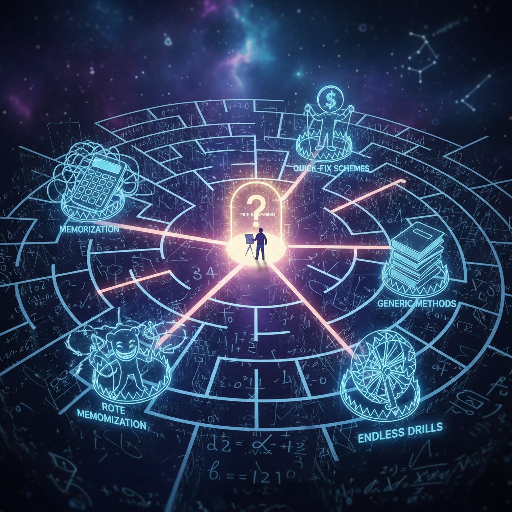 Labirynt z symbolami matematycznymi, fotografia jako metafora pułapek w wyborze korepetytora online