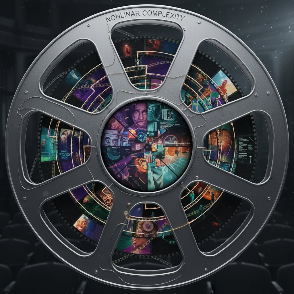 Confusing maze inside a film reel, representing excessive complexity in nonlinear movies